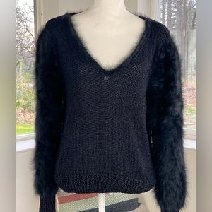 Hand knit Vintage Black V-neck Sweater Rabbit